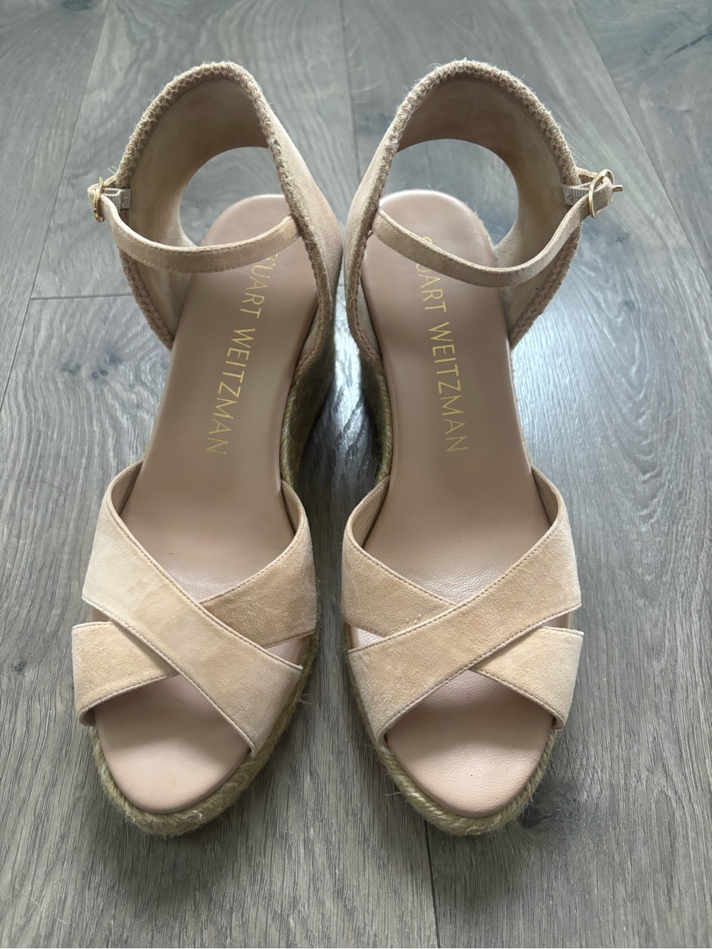 Stuart Weitzman Nude Beige Suede Espadrille Wedge Sandals